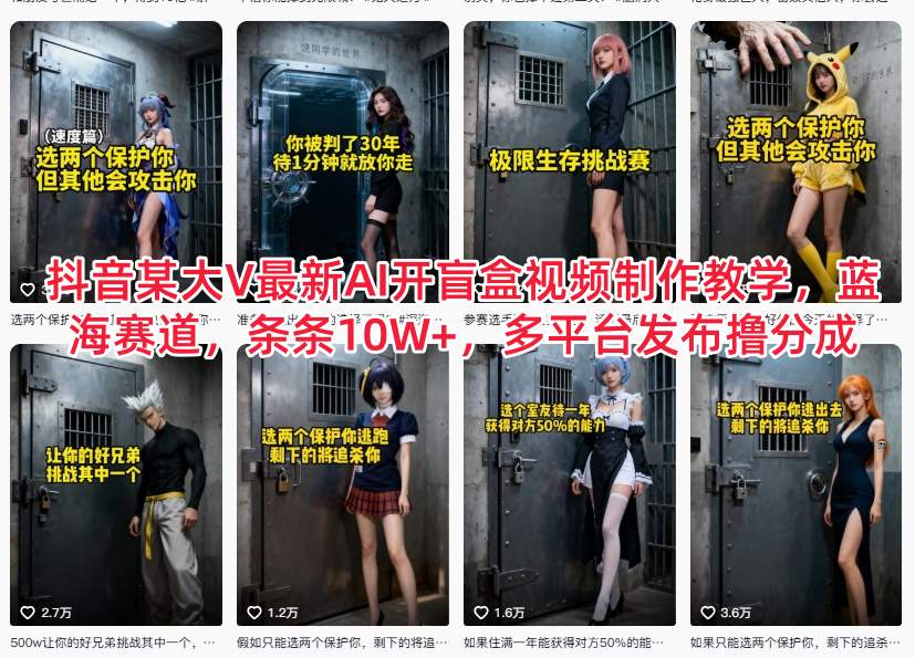 抖音某大V最新AI开盲盒视频制作教学,蓝海赛道,条条10W+,多平台发布撸分成-瀚宇网创