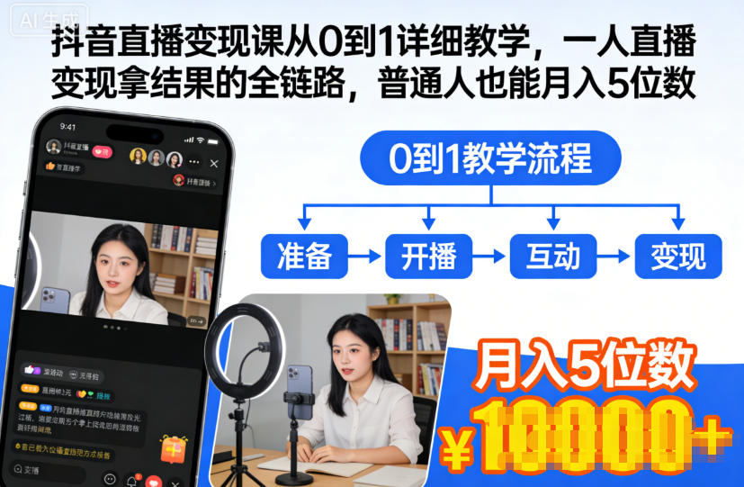 抖音直播变现课从0到1详细教学,一人直播变现拿结果的全链路,普通人也能月入5位数-瀚宇网创