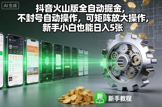 抖音火山版全自动掘金,不封号自动操作,可矩阵放大操作,新手小白也能日入5张【揭秘】-瀚宇网创