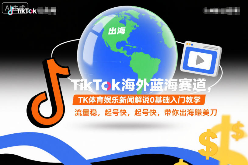 TikTok海外蓝海赛道,TK体育娱乐新闻解说0基础入门教学,流量稳,起号快,带你出海賺美刀-瀚宇网创