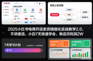 2025小红书电商开店卖货精细化实战教学2.0,不讲废话,小白7天快速学会,单店月利润2W-瀚宇网创