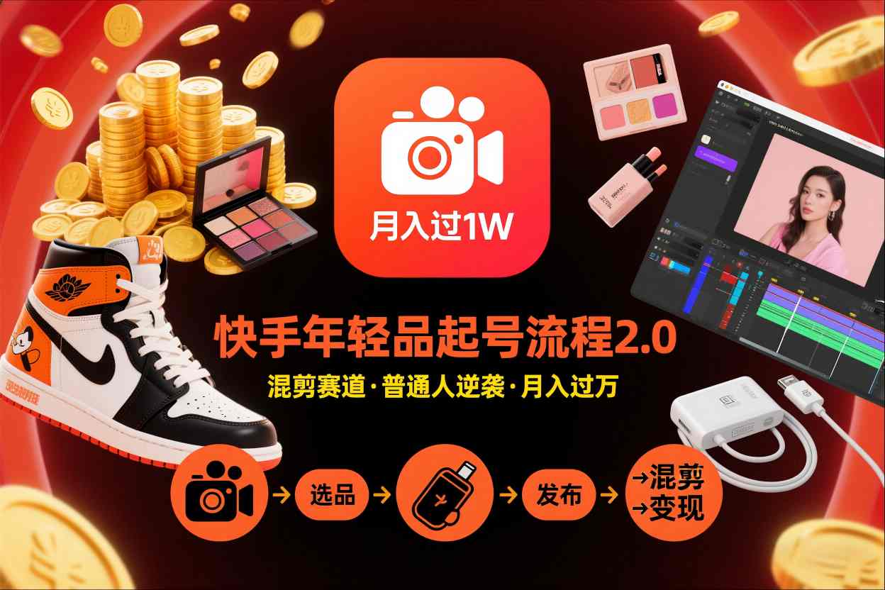 快手短视频带货年轻品起号流程2.0，快手年轻品混剪赛道，普通人也能月入过1W-瀚宇网创