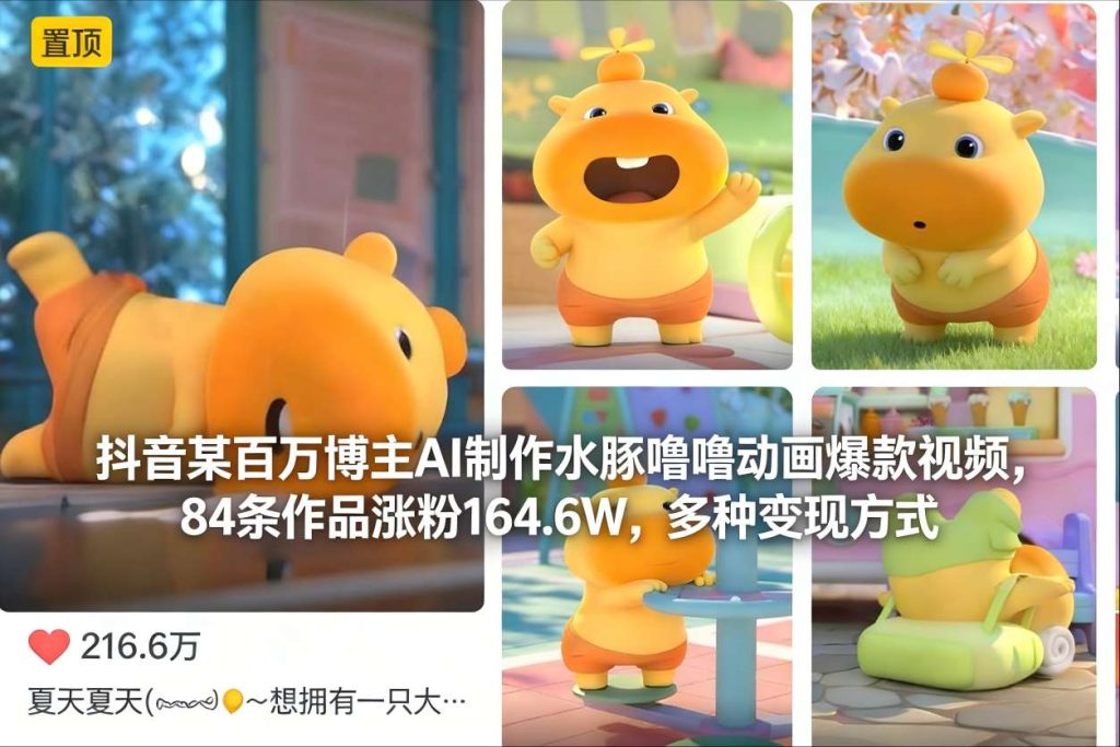 抖音某百万博主AI制作水豚噜噜动画爆款视频，84条作品涨粉164.6W，多种变现方式-瀚宇网创