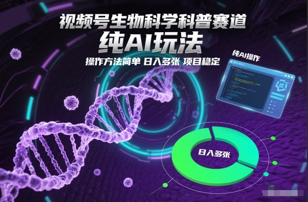 视频号生物科学科普赛道，纯AI玩法，操作方法简单，日入多张，项目稳定-瀚宇网创