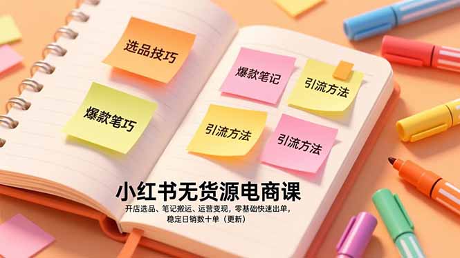 小红书无货源电商课，开店选品、笔记搬运、运营变现，零基础快速出单，稳定日销数十单(更新-瀚宇网创