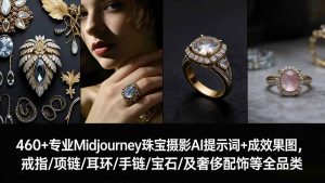 460+专业Midjourney珠宝摄影AI提示词+成效果图，戒指/项链/耳环/手链/宝石/及奢侈配饰等全品类-瀚宇网创