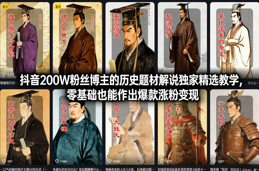 抖音200W粉丝博主的历史题材解说独家精选教学，零基础也能作出爆款涨粉变现-瀚宇网创