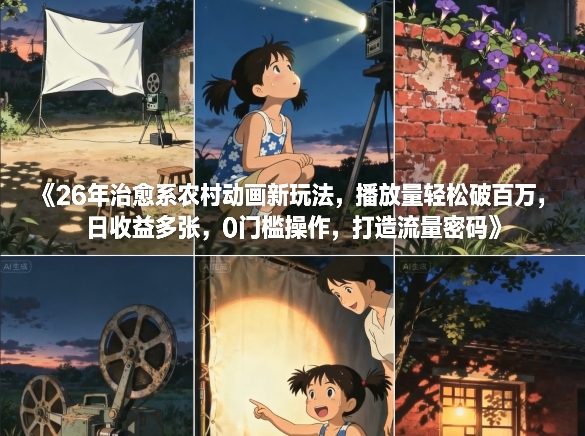 26年治愈系农村动画新玩法，播放量轻松破百万，日收益多张，0门槛操作，打造流量密码-瀚宇网创