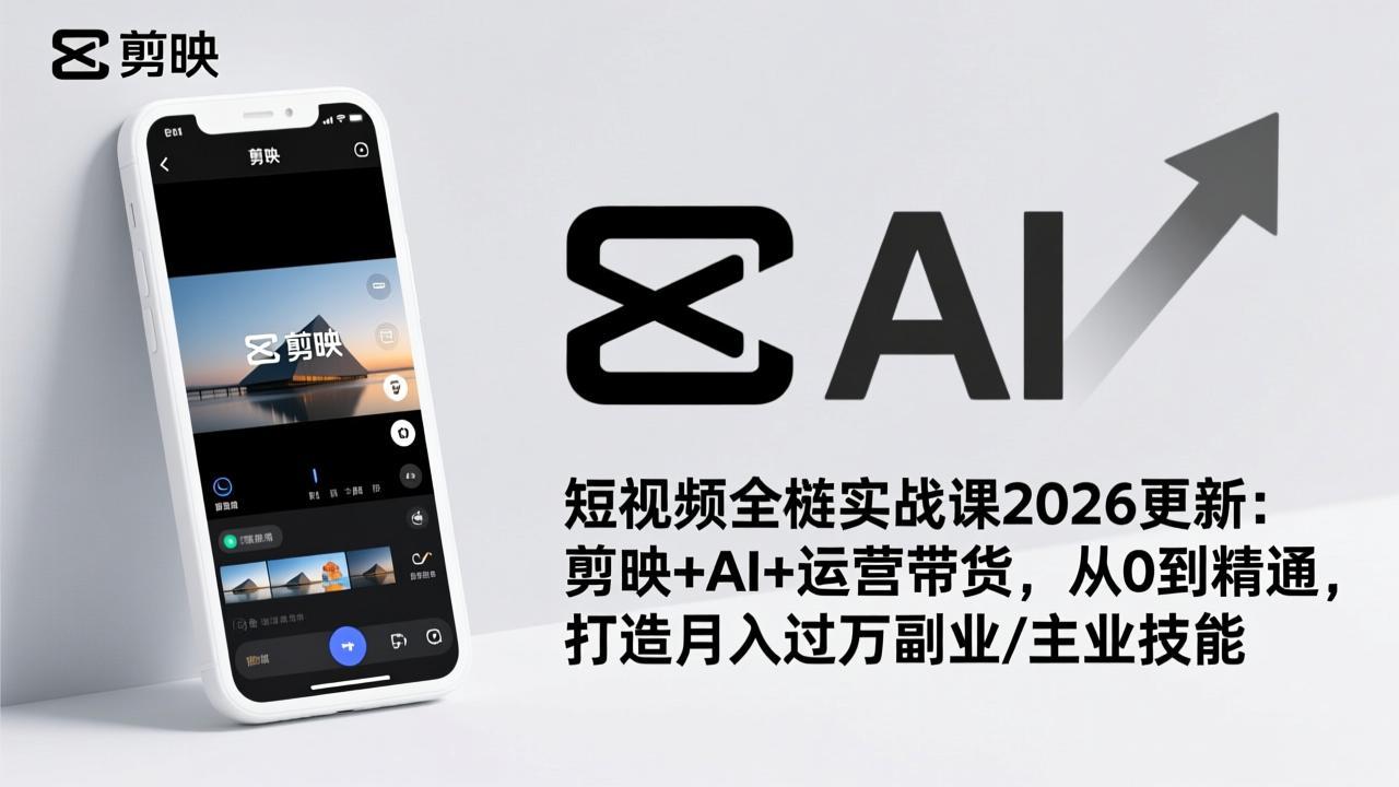 短视频全栈实战课2026更新：剪映+AI+运营带货，从0到精通，打造月入过万副业/主业技能-瀚宇网创