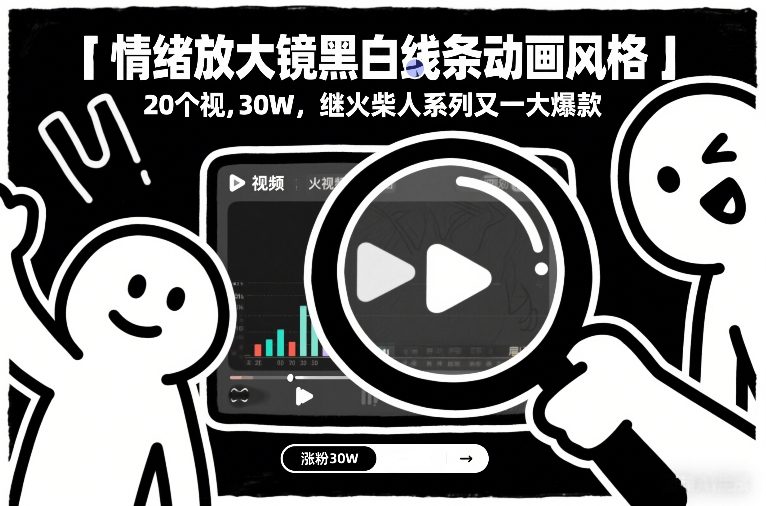 情绪放大镜黑白线条动画风格，20个视频，涨粉30W，继火柴人系列又一大爆款