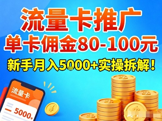 流量卡推广，单卡佣金80-100，新手月入5k+实操拆解！-瀚宇网创