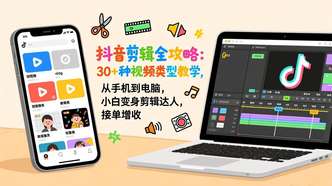 抖音剪辑全攻略：30+种视频类型教学，从手机到电脑，小白变身剪辑达人，接单增收-瀚宇网创