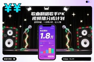 歌曲翻唱歌手PK视频撸分成计划，自带流量，一天两小时，日入2张-瀚宇网创
