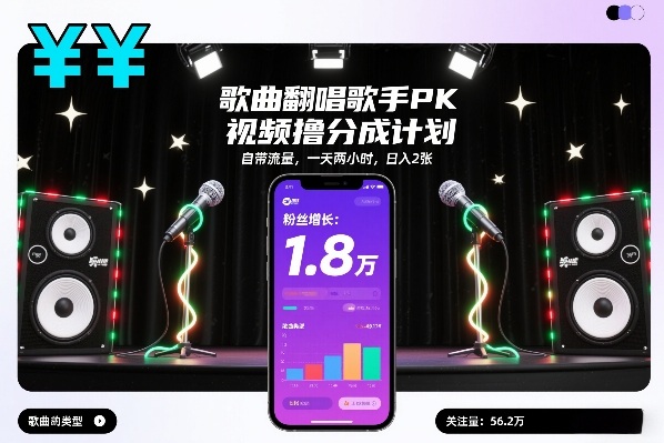歌曲翻唱歌手PK视频撸分成计划，自带流量，一天两小时，日入2张-瀚宇网创