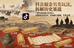 抖音掘金另类玩法，拆解历史赛道，7条作品涨粉300W+，点赞量高达900W，只讲核心逻辑，干货分享-瀚宇网创