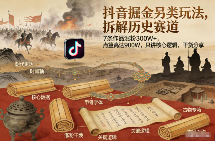 抖音掘金另类玩法,拆解历史赛道,7条作品涨粉300W+,点赞量高达900W,只讲核心逻辑,干货分享-瀚宇网创