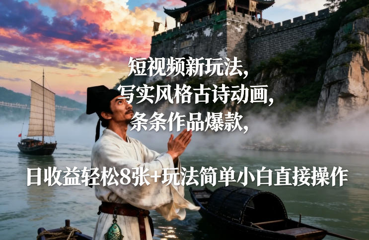 短视频新玩法，写实风格古诗动画，条条作品爆款，日收益轻松8张+玩法简单小白直接操作-瀚宇网创