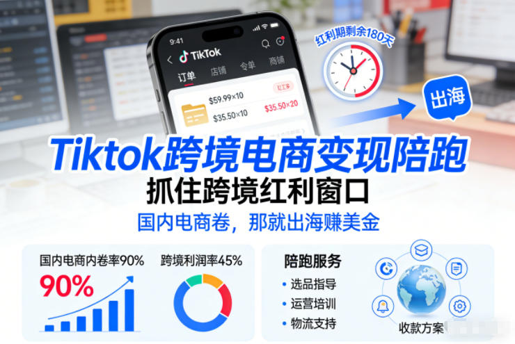 Tiktok跨境电商变现陪跑,抓住跨境红利窗口,国内电商卷,那就出海賺美金-瀚宇网创
