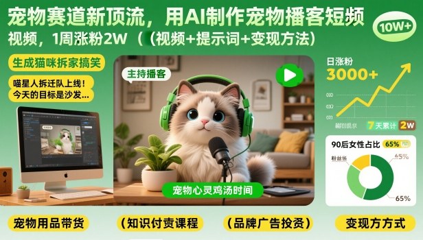 宠物赛道新顶流，用AI制作宠物播客短视频，1周涨粉2W(视频+提示词+变现方法)-瀚宇网创