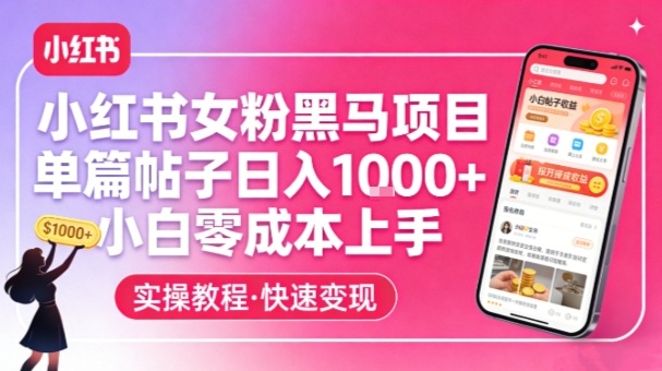 小红书女粉黑马项目，单篇帖子日入1k+，小白零成本上手-瀚宇网创