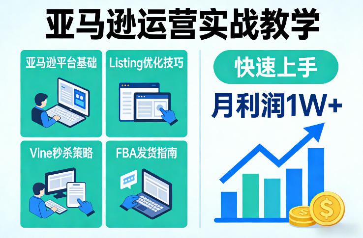 亚马逊运营实战教学,亚马逊平台+Listing优化+Vine秒杀+FBA发货等,快速上手,实现店铺月利润1W-瀚宇网创