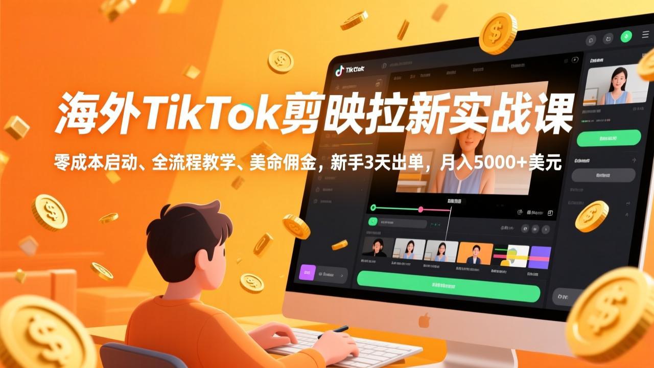 海外TikTok剪映拉新实战课，零成本启动、全流程教学、美金佣金，新手3天出单，月入5000+美元-瀚宇网创