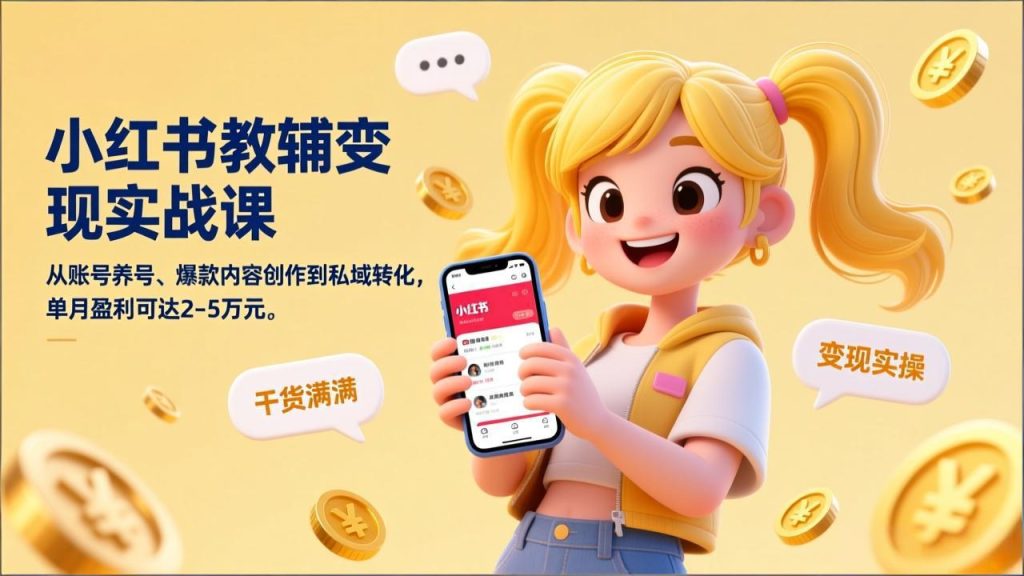 小红书教辅变现实战课，从账号养号、爆款内容创作到私域转化，单月盈利可达2-5万元-瀚宇网创