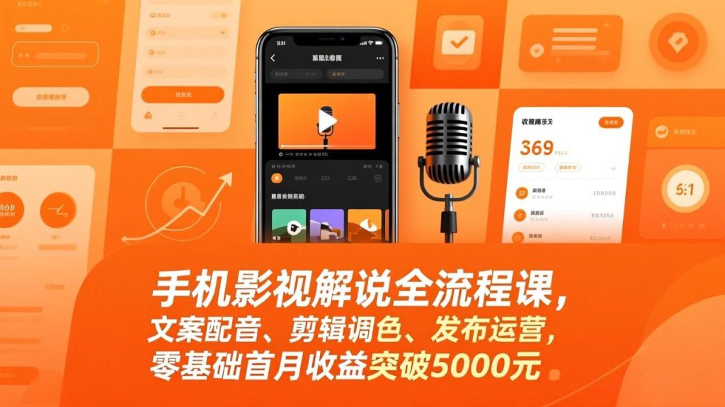 手机影视解说全流程课，文案配音、剪辑调色、发布运营，零基础首月收益突破5000元-瀚宇网创