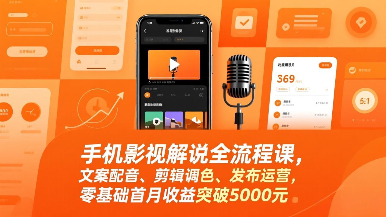手机影视解说全流程课，文案配音、剪辑调色、发布运营，零基础首月收益突破5000元-瀚宇网创