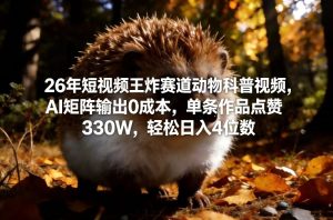 26年短视频王炸赛道动物科普视频，AI矩阵输出0成本，单条作品点赞330W，轻松日入4位数-瀚宇网创