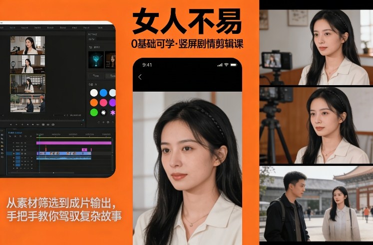 0基础可学！《女人不易》竖屏剧情剪辑课，从素材筛选到成片输出，手把手教你驾驭复杂故事-瀚宇网创