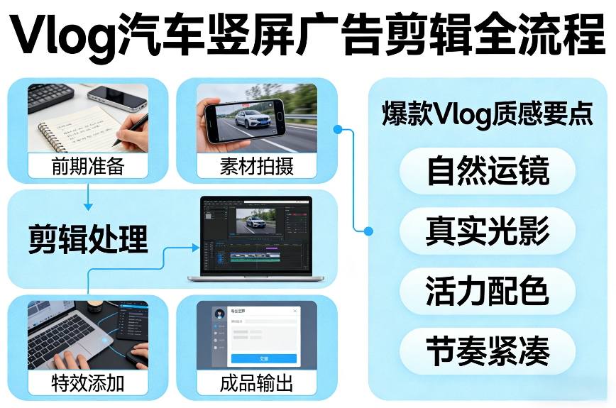 Vlog感觉汽车竖屏广告剪辑脚本全流程，拿捏爆款Vlog质感-瀚宇网创