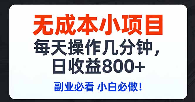 无成本小项目,每天操作几分钟,日收益800+ 副业必看 小白必做！-瀚宇网创