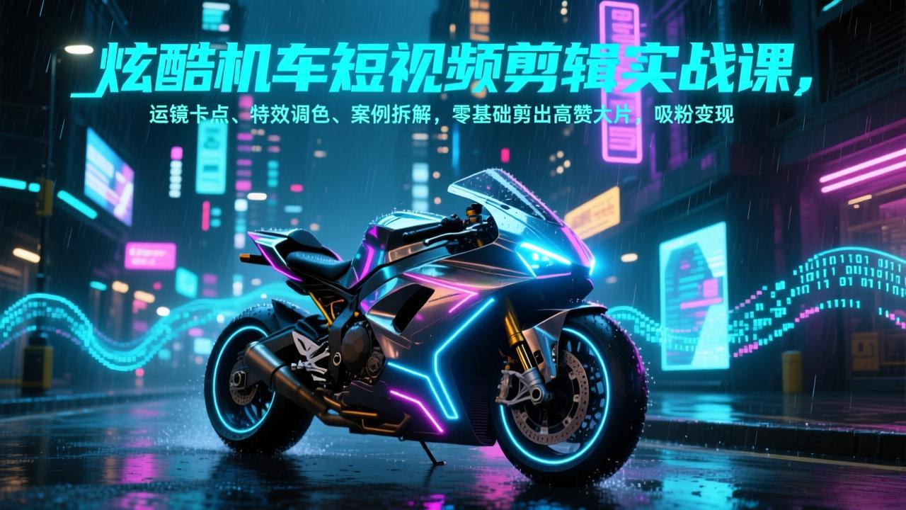 炫酷机车短视频剪辑实战课，运镜卡点、特效调色、案例拆解，零基础剪出高赞大片，吸粉变现-瀚宇网创