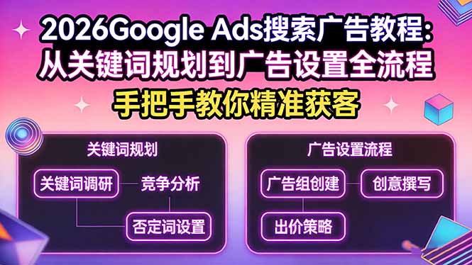 2026Google Ads搜索广告教程:从关键词规划到广告设置全流程,手把手教你精准获客-瀚宇网创