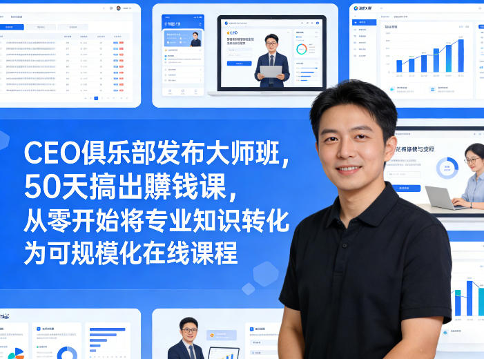 CEO俱乐部发布大师班,50天搞出賺钱课,从零开始将专业知识转化为可规模化在线课程-瀚宇网创