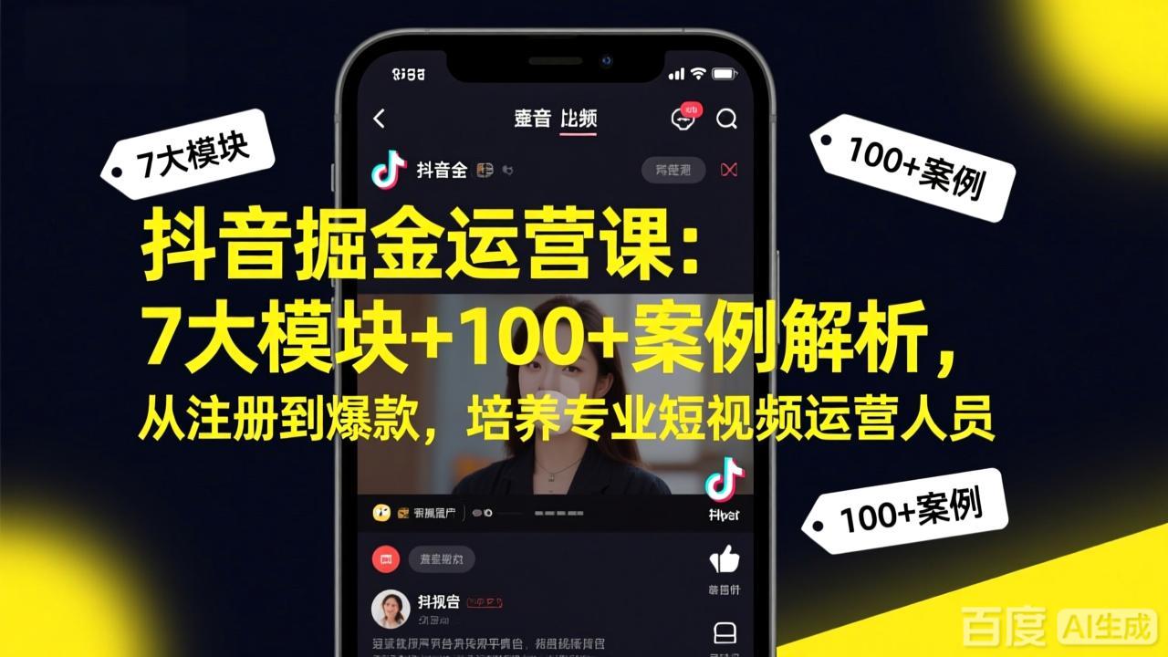 抖音掘金运营课:7大模块+100+案例解析,从注册到爆款,培养专业短视频运营人员-瀚宇网创
