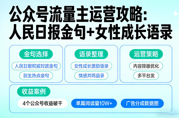 利用人民日报金句+女性成长语录做公众号流量主，4个公众号收益破千-瀚宇网创