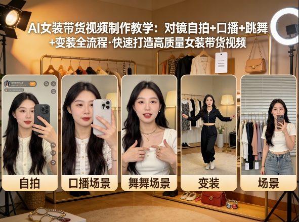 AI女装带货视频制作教学,对镜自拍、口播、跳舞、变装全流程,快速打造高质量女装带货视频-瀚宇网创