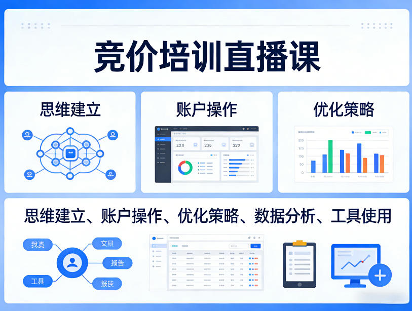 竞价培训直播课,覆盖思维建立、账户操作、优化策略、数据分析、工具使用等,全方位提升效果-瀚宇网创
