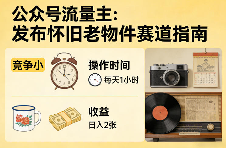 公众号流量主之发布怀旧老物件赛道，竞争小，每天操作1小时，日入2张-瀚宇网创
