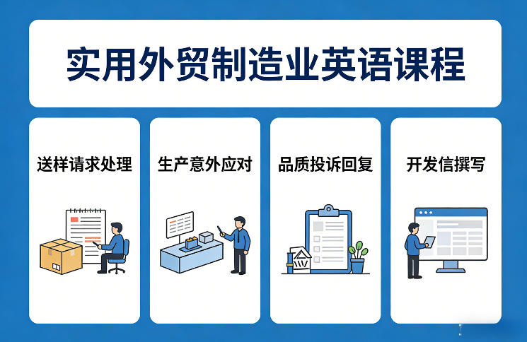 实用外贸制造业英语课程，教你专业处理送样请求、应对生产意外、回复品质投诉、撰写开发信等-瀚宇网创