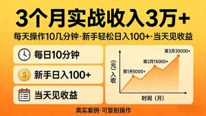 3个月实战收入3万+，每天操作10几分钟，新手轻松日入100+，当天见收益-瀚宇网创