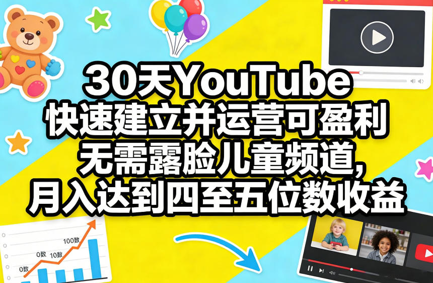 30天YouTube快速建立并运营可盈利无需露脸儿童频道，月入达到四至五位数收益-瀚宇网创