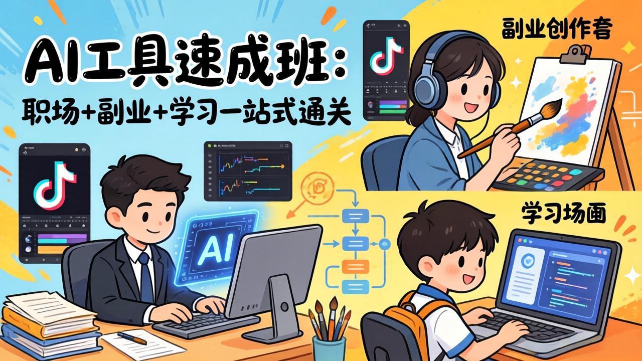 AI工具速成班：职场+副业+学习一站式通关，20+爆款类型+剪映技巧+抖音算法，0基础快速上手-瀚宇网创