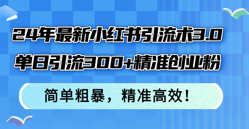 24年最新小红书引流术3.0，单日引流300+精准创业粉，简单粗暴，精准高效！-瀚宇网创