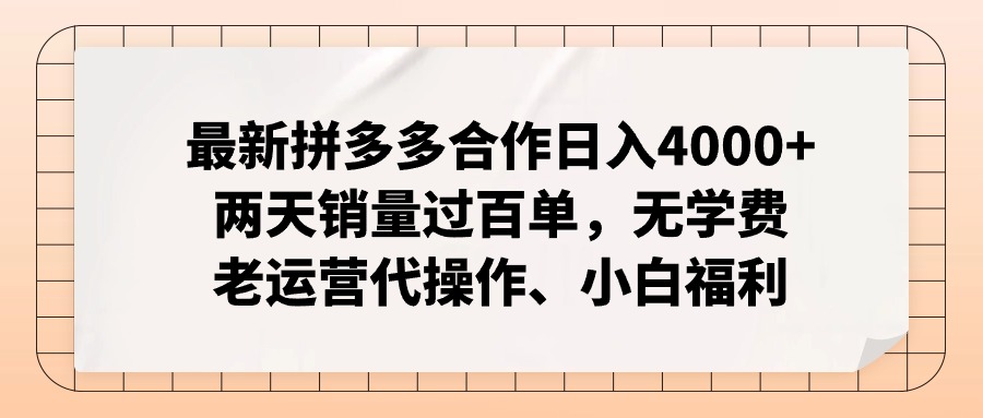 拼多多最新合作日入4000+两天销量过百单,无学费、老运营代操作、小白福利-瀚宇网创