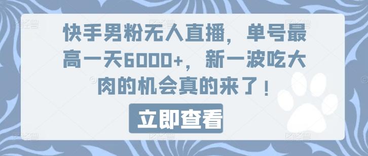 快手男粉无人直播,单号最高一天6000+,新一波吃大肉的机会真的来了-瀚宇网创