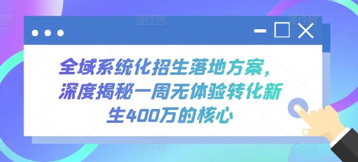 全域系统化招生落地方案，深度揭秘一周无体验转化新生400万的核心-瀚宇网创