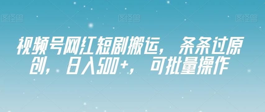 视频号网红短剧搬运，条条过原创，日入500+，可批量操作【揭秘】-瀚宇网创